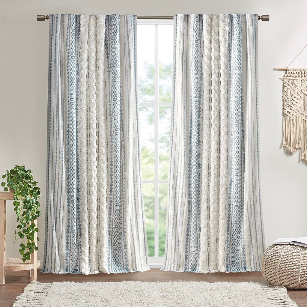 Cotton Printed Curtain Panel with Chenille Stripe and Lining White/Navy 50x84"