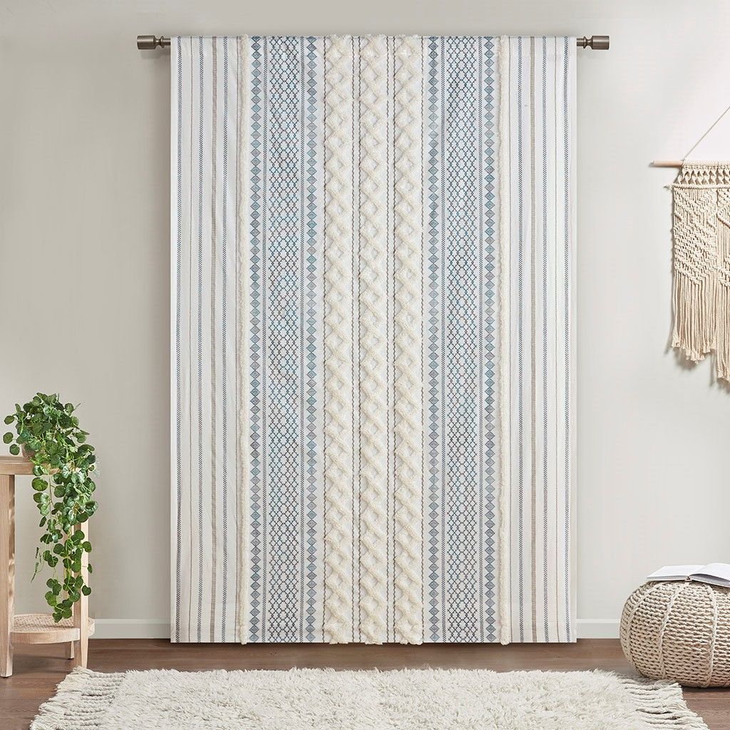 Cotton Printed Curtain Panel with Chenille Stripe and Lining White/Navy 50x84"